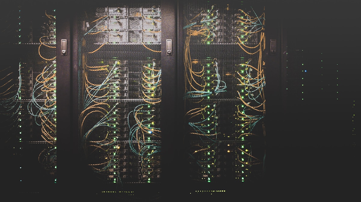 Network cables and server hardware in a rack.